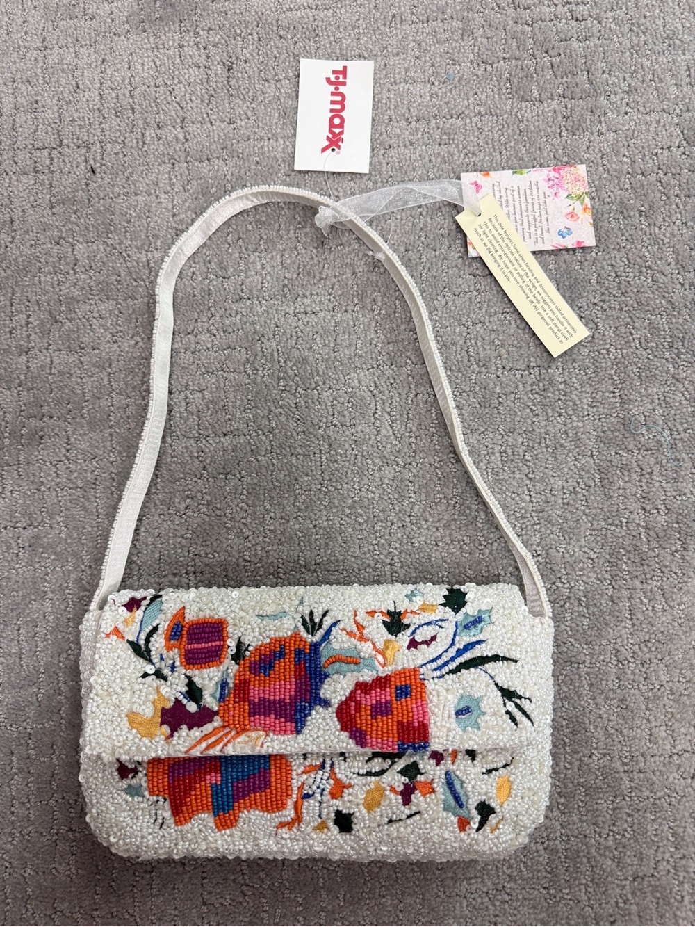 T.J.Maxx White Beaded Floral Embroidered Shoulder Bag with Multicolor Accents